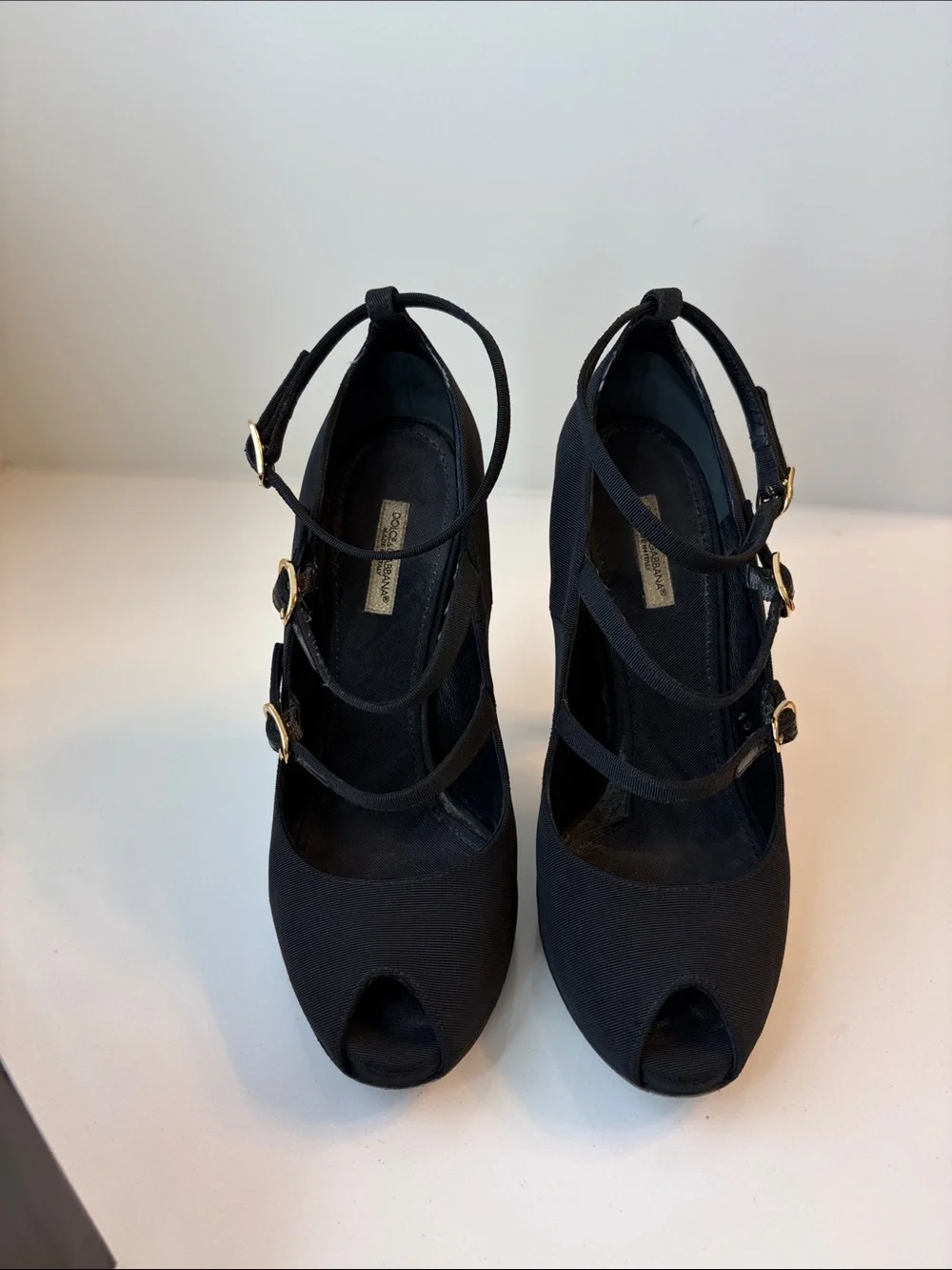 Dolce & Gabbana Black Triple Strap Peep-Toe Pumps